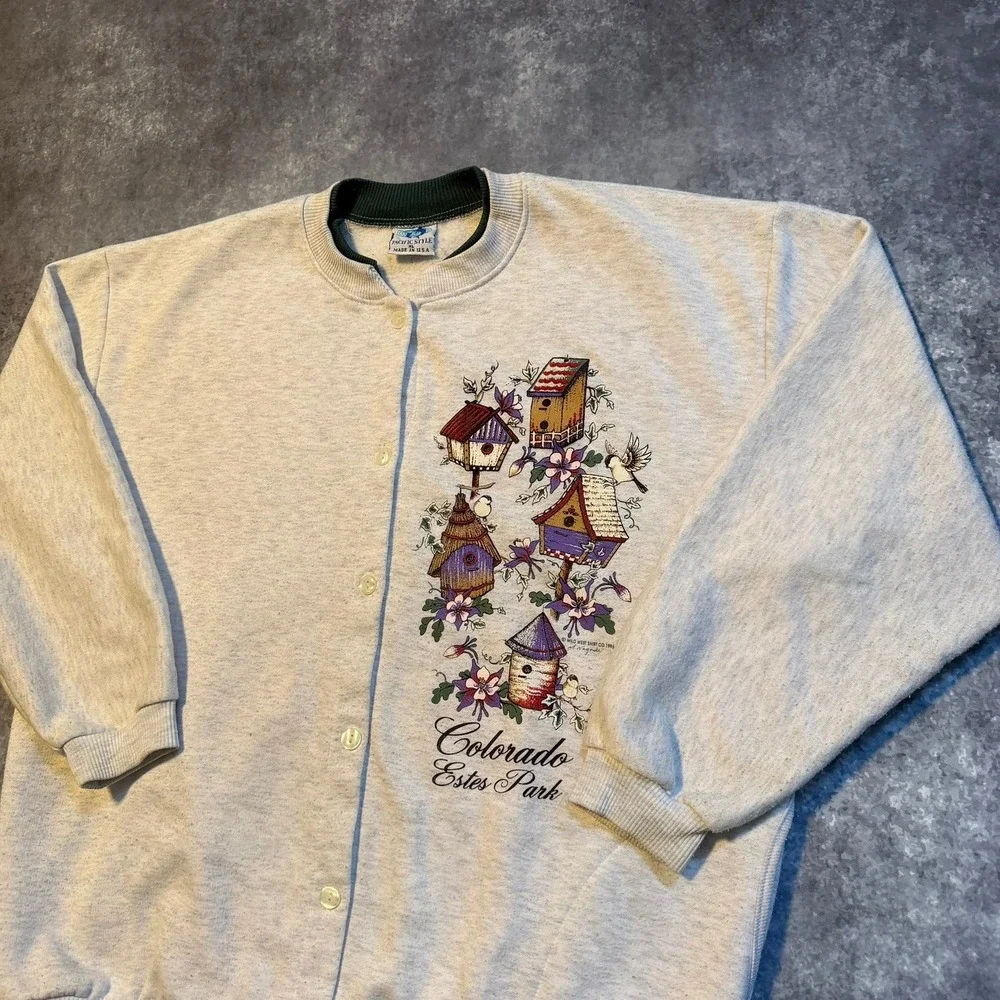 Vintage Grandma‎ Granny Birdhouse Sweatshirt Cardigan Women's XL Colorado